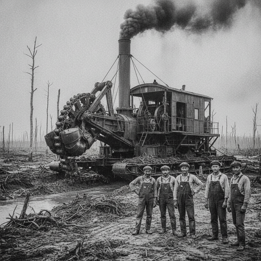 Steam-powered dredge cutting a drainage canal through the swamp, 1920s