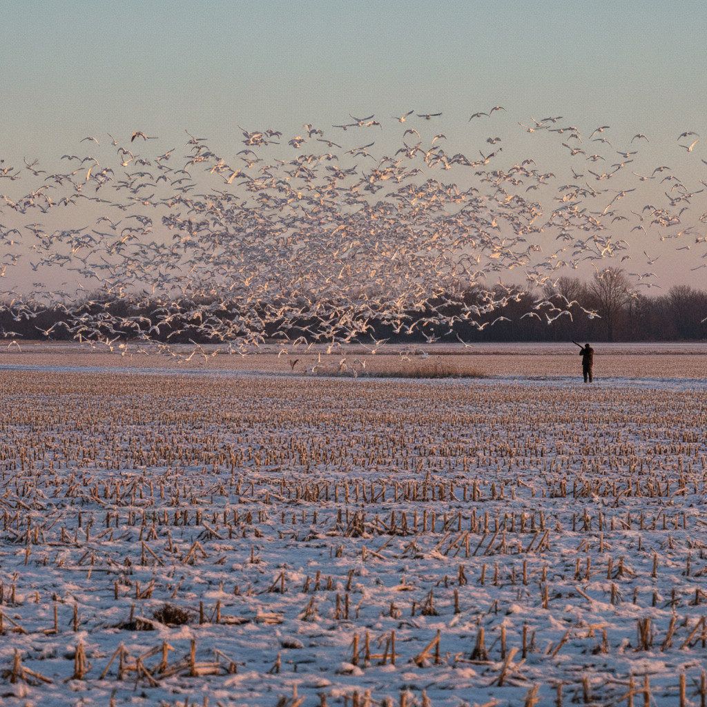 Snow geese flying over flooded rice fields in the Missouri Bootheel